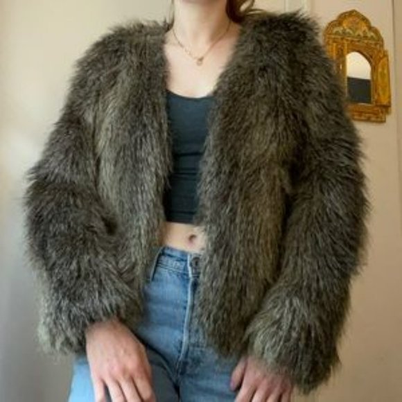 H&M Brown/Navy Green Faux Far Jacket - Picture 4 of 4